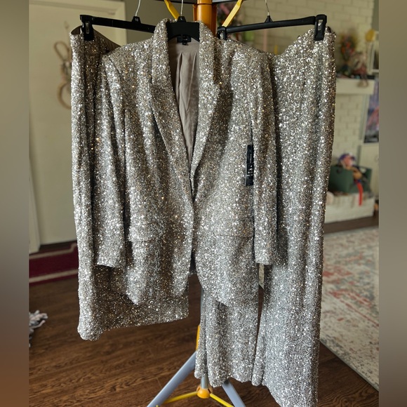 Express Pants - Express Silver Sequin Blazer and Skirt Set